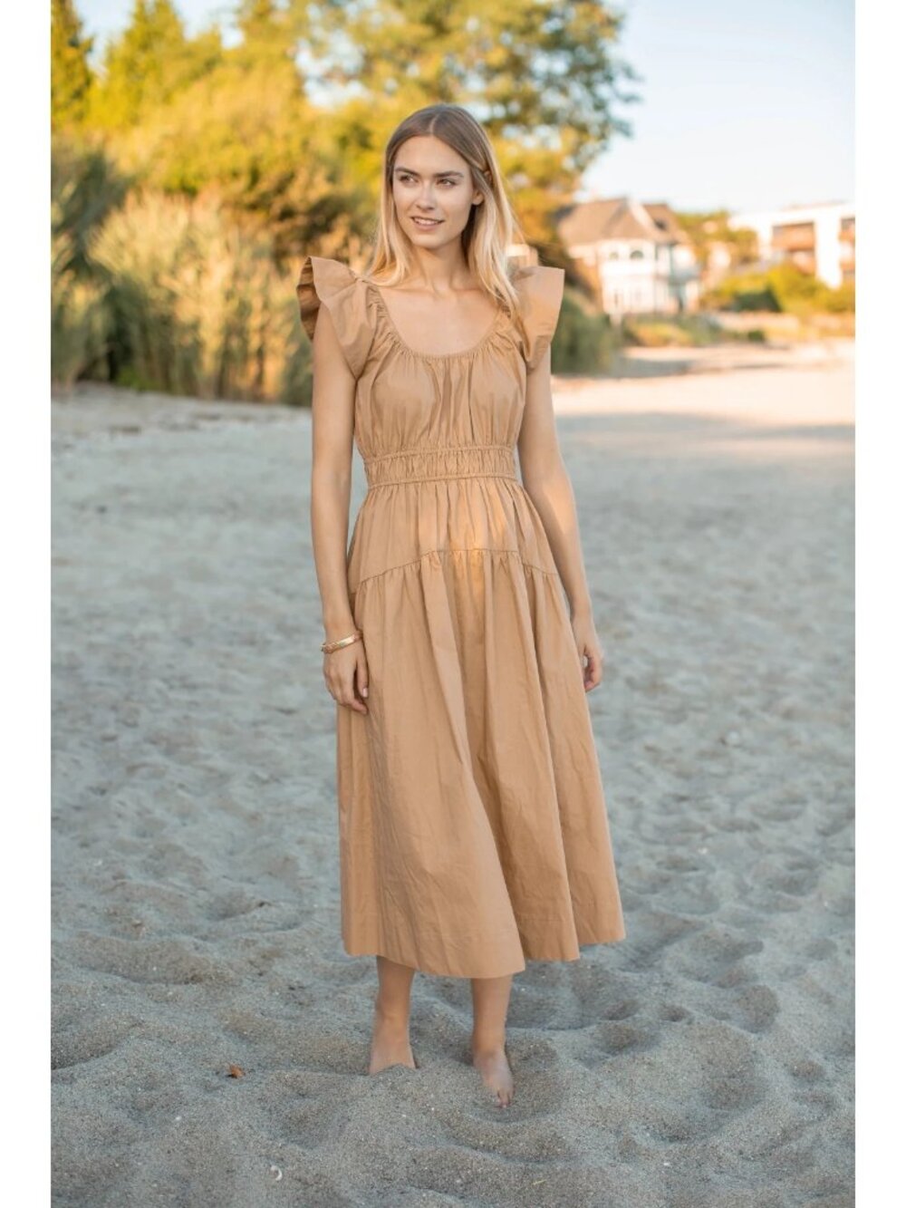 NWT Marea by Liz Joy Jane in Camel Solid Cotton Midi Dress L $268